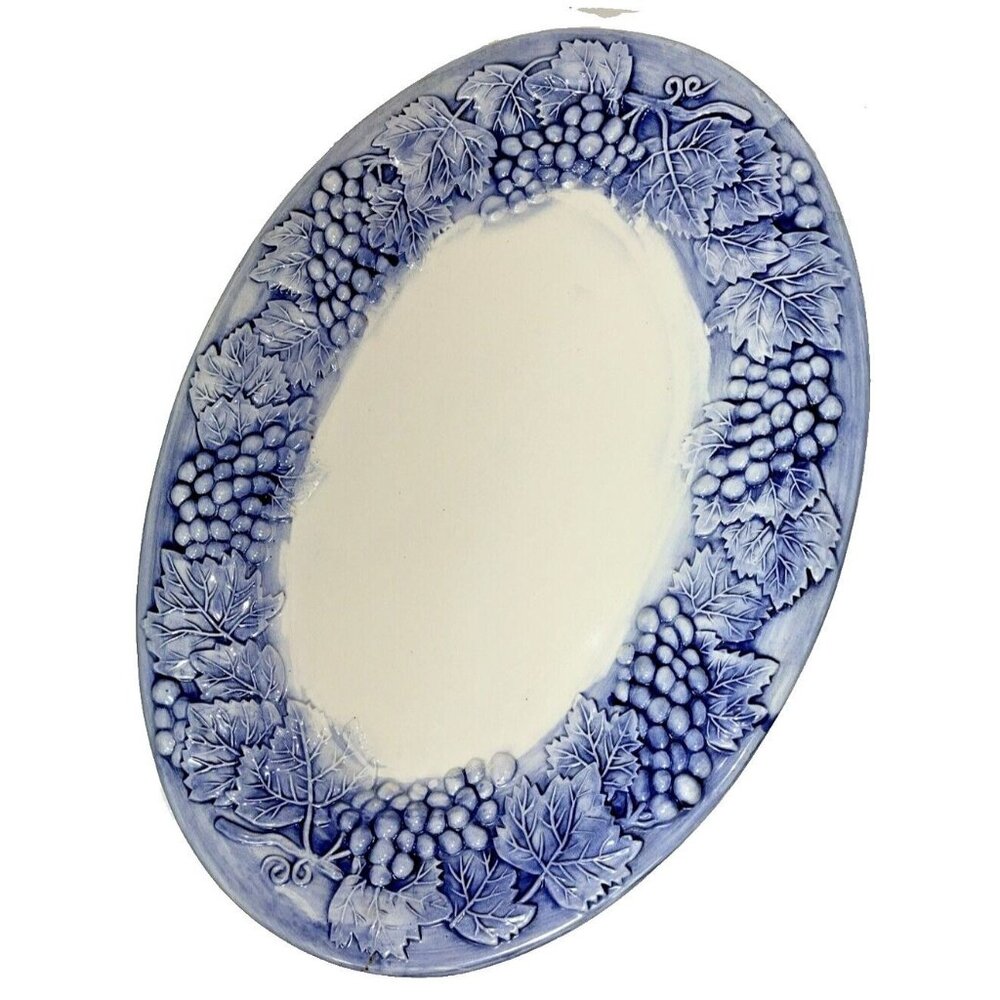 A. Santos Made in Portugal, Large Platter with Raised Blue & White Grape & Leaf